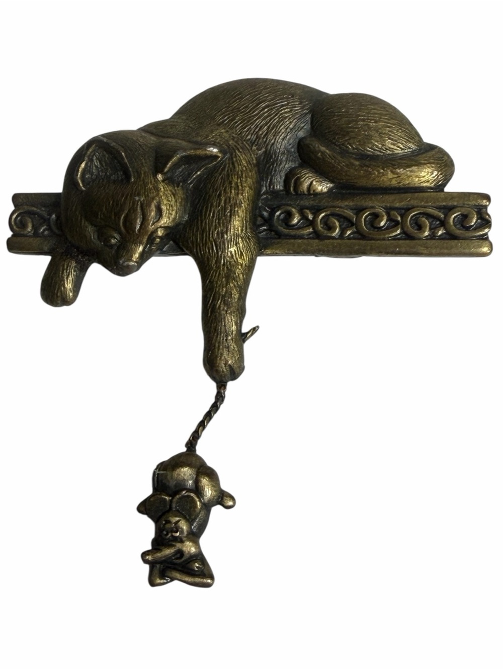 Vintage JJ Jonette Jewelry Cat & Mouse Brooch Antiqued Brass Bronze Tone
